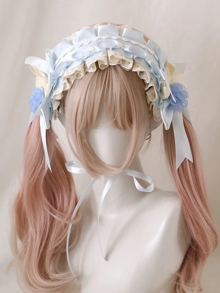 Lolita Hair Accessories Blue-white Rose Bow Hairband Hat with Lace Hair Clips