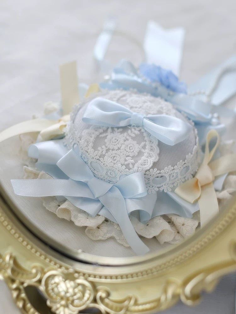 Lolita Hair Accessories Blue-white Rose Bow Hairband Hat with Lace Hair Clips