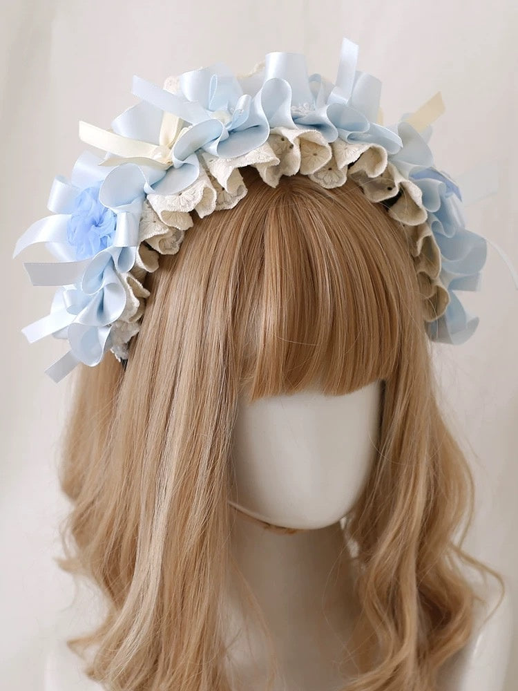 Lolita Hair Accessories Blue-white Rose Bow Hairband Hat with Lace Hair Clips