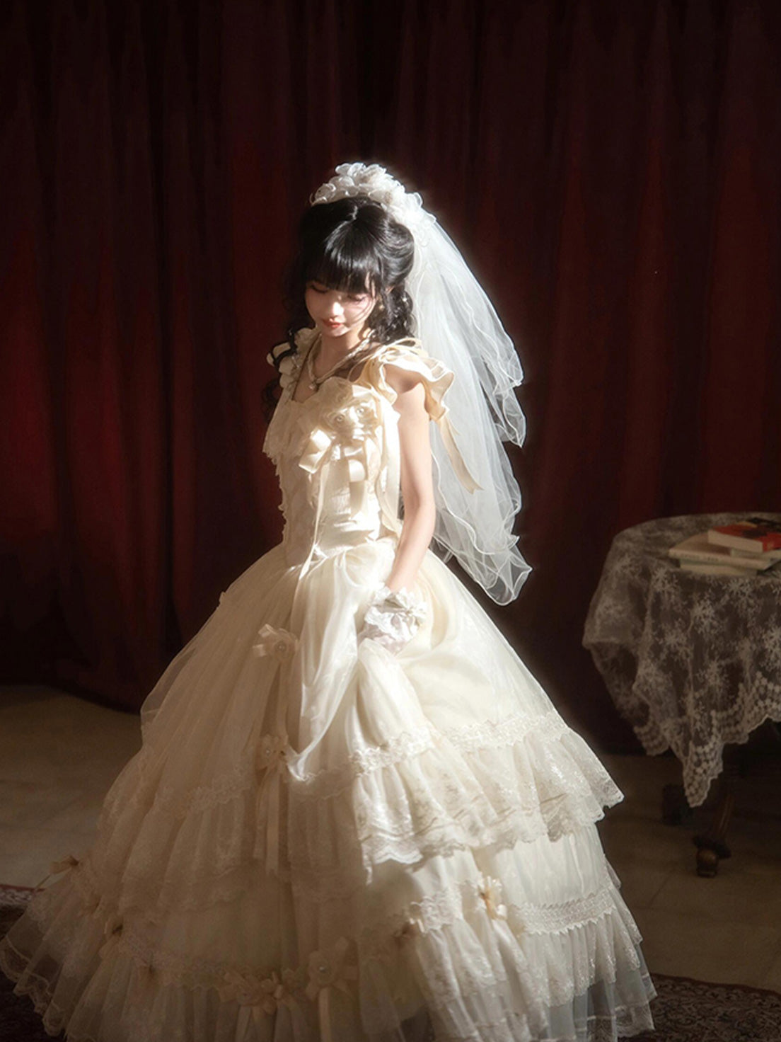 Hime Lolita Tea Party Fashion Camellia Moonlight Ivory White Wedding Ruffled Ball Gown