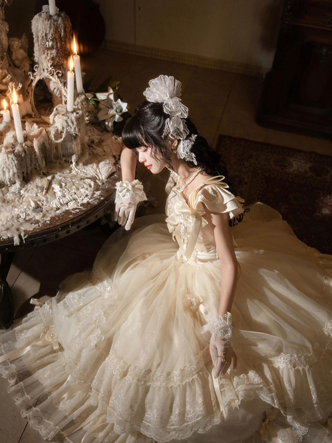 Hime Lolita Tea Party Fashion Camellia Moonlight Ivory White Wedding Ruffled Ball Gown