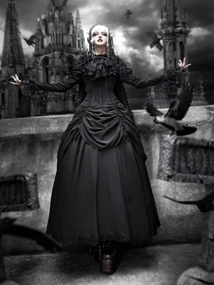 Diablo Gothic Lolita Full Length Black Ruffled Gown Goth Prom Dress
