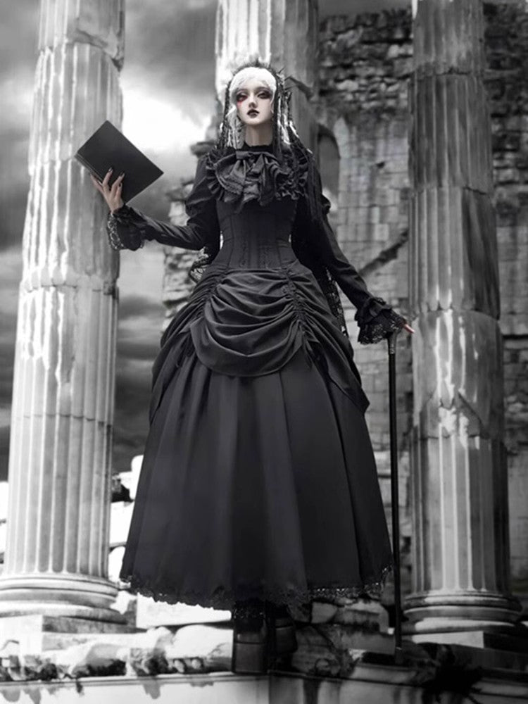 Diablo Gothic Lolita Full Length Black Ruffled Gown Goth Prom Dress