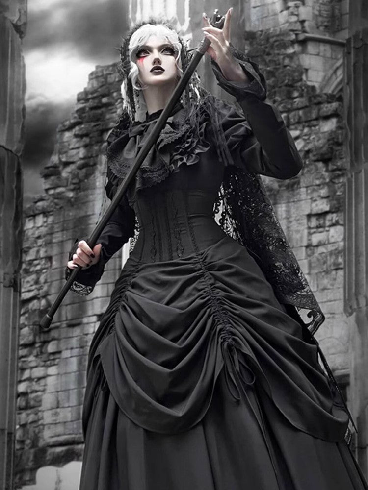 Diablo Gothic Lolita Full Length Black Ruffled Gown Goth Prom Dress