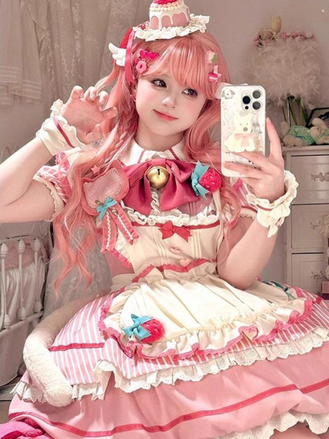 Christmas Robe Pink Bud Cute Daily Sweet Lolita Strawberry Cake Pastel Dress
