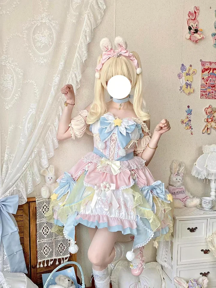 Sweet Lolita Soft Girl Cute Girl Pink and Blue Flower Princess Dress Spring Summer for Christmas