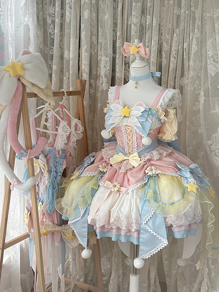 Sweet Lolita Soft Girl Cute Girl Pink and Blue Flower Princess Dress Spring Summer for Christmas