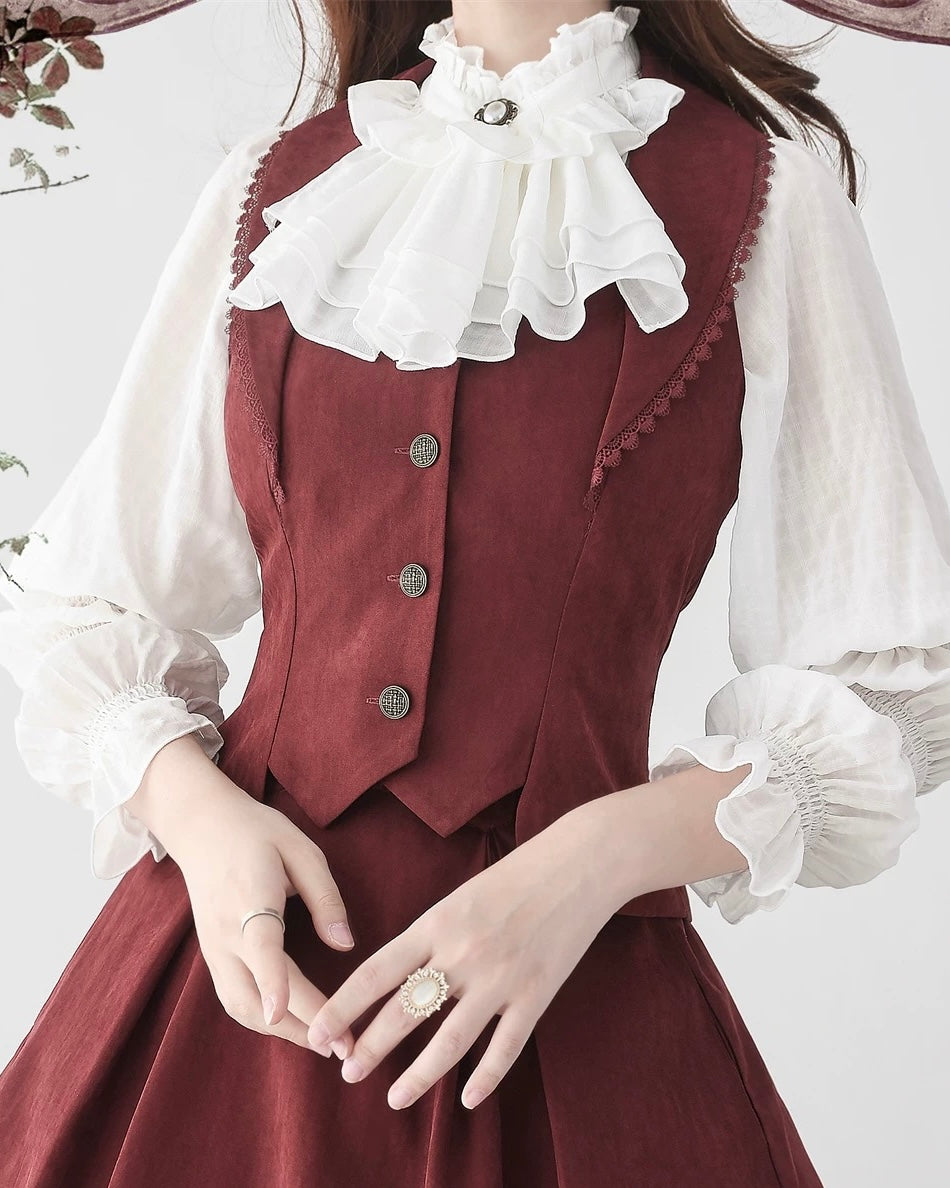 Classic British Style Elegant Cotton Brown Vest Long Skirt Set in Autumn Lolita Dresses