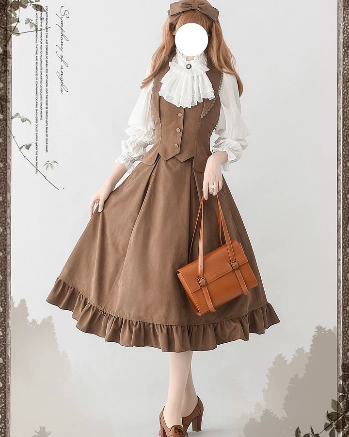 Classic British Style Elegant Cotton Brown Vest Long Skirt Set in Autumn Lolita Dresses