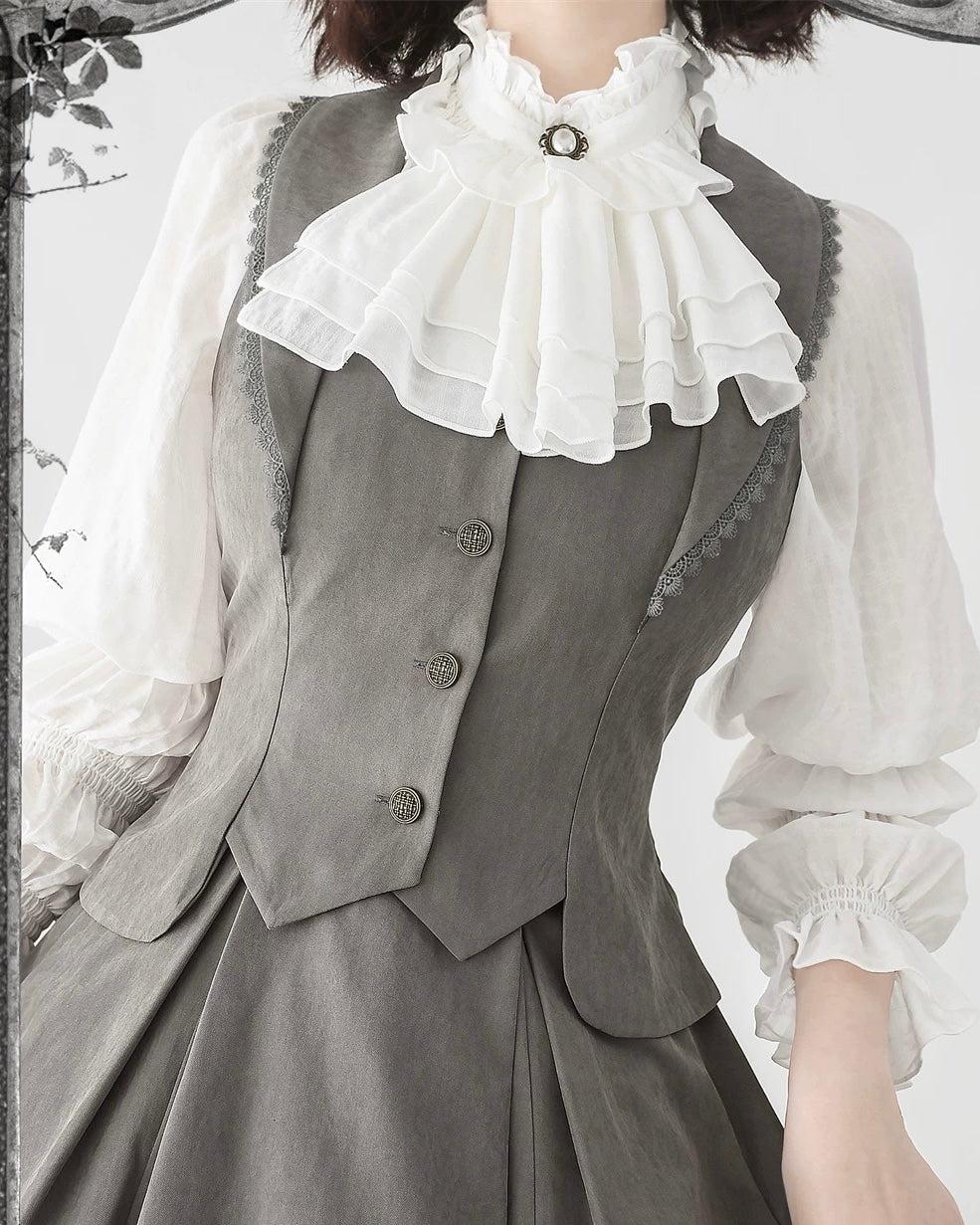 Classic British Style Elegant Cotton Brown Vest Long Skirt Set in Autumn Lolita Dresses