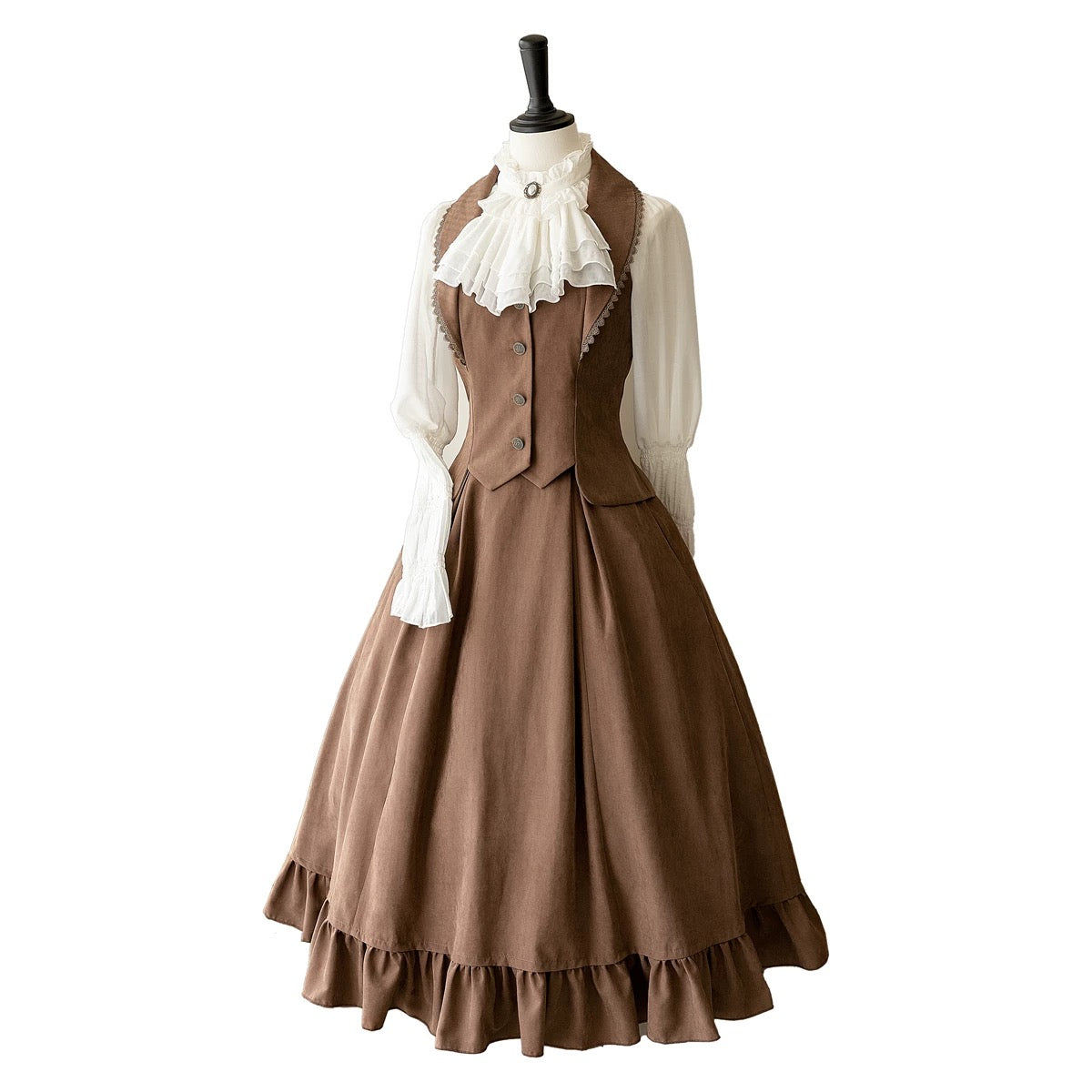 Classic British Style Elegant Cotton Brown Vest Long Skirt Set in Autumn Lolita Dresses