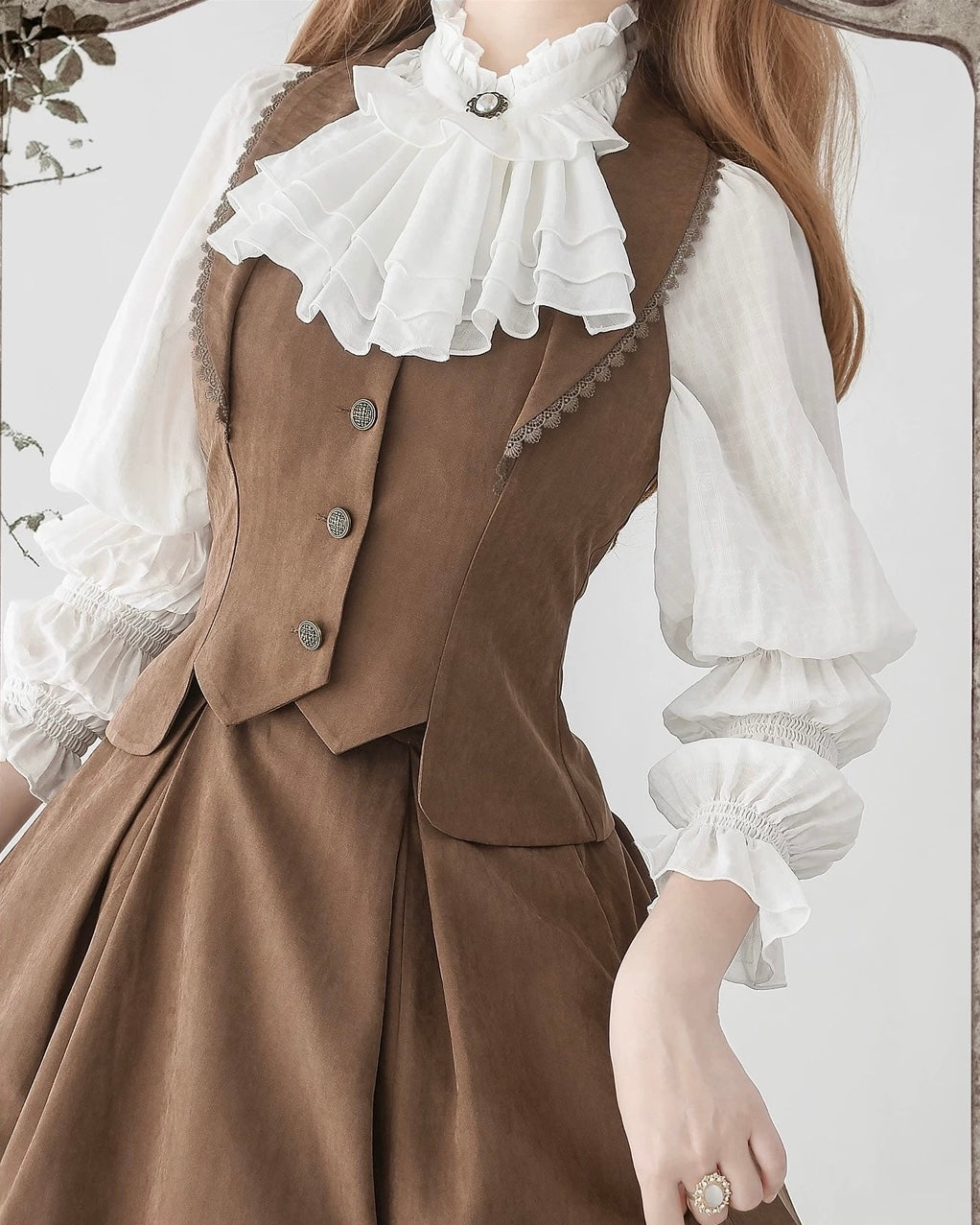 Classic British Style Elegant Cotton Brown Vest Long Skirt Set in Autumn Lolita Dresses