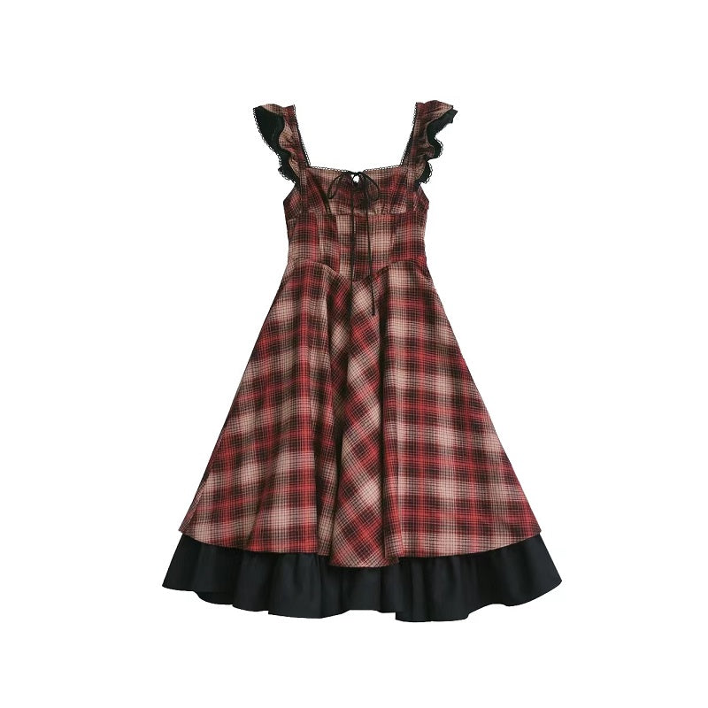 Classic Lolita Asymmetrical Plaid Sundress Set Elegant Literary Retro Light Lolita