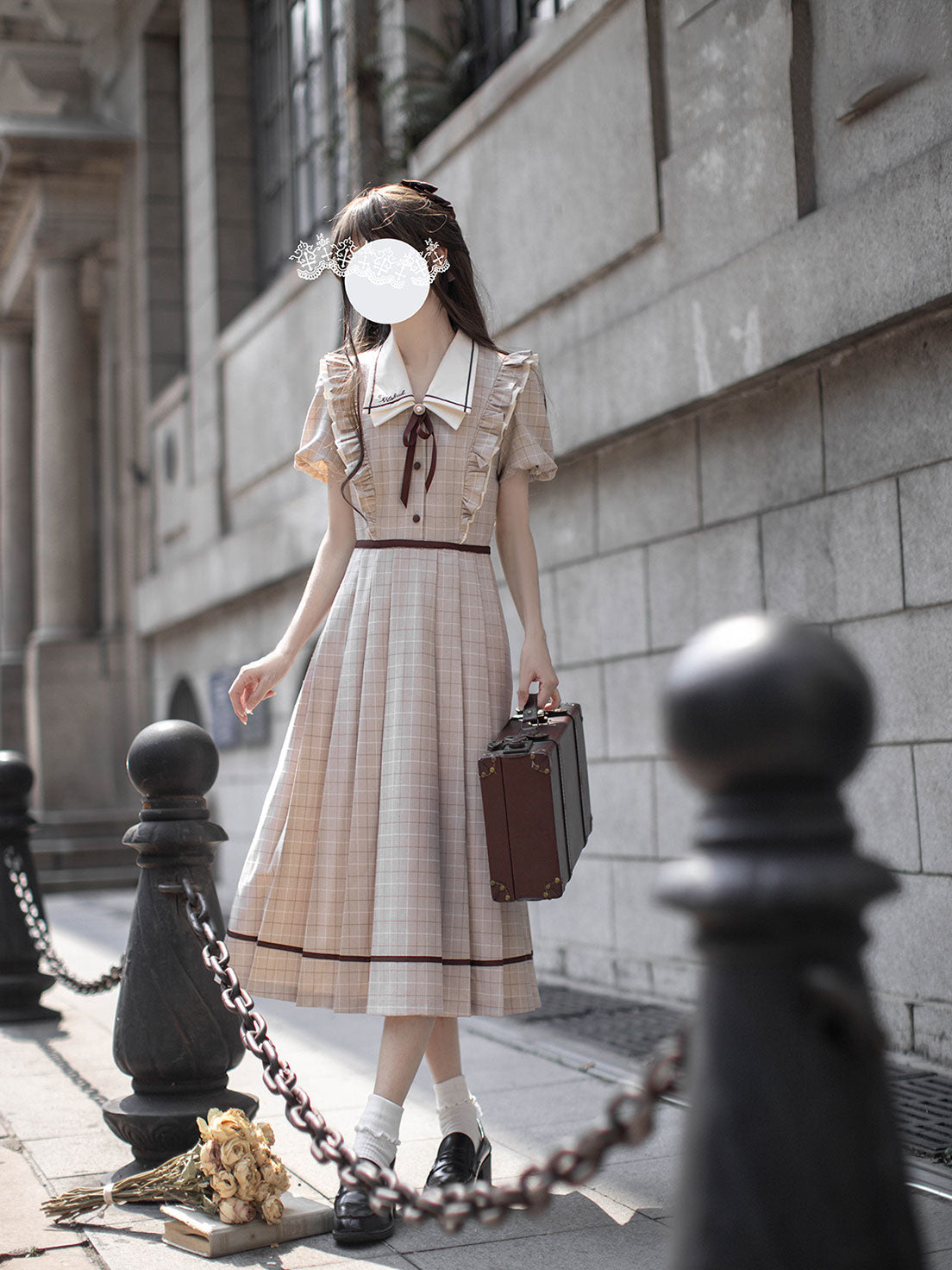 Classic Lolita Beige Brown Checked Maxi Dress with Ruffle Collar Light Lolita