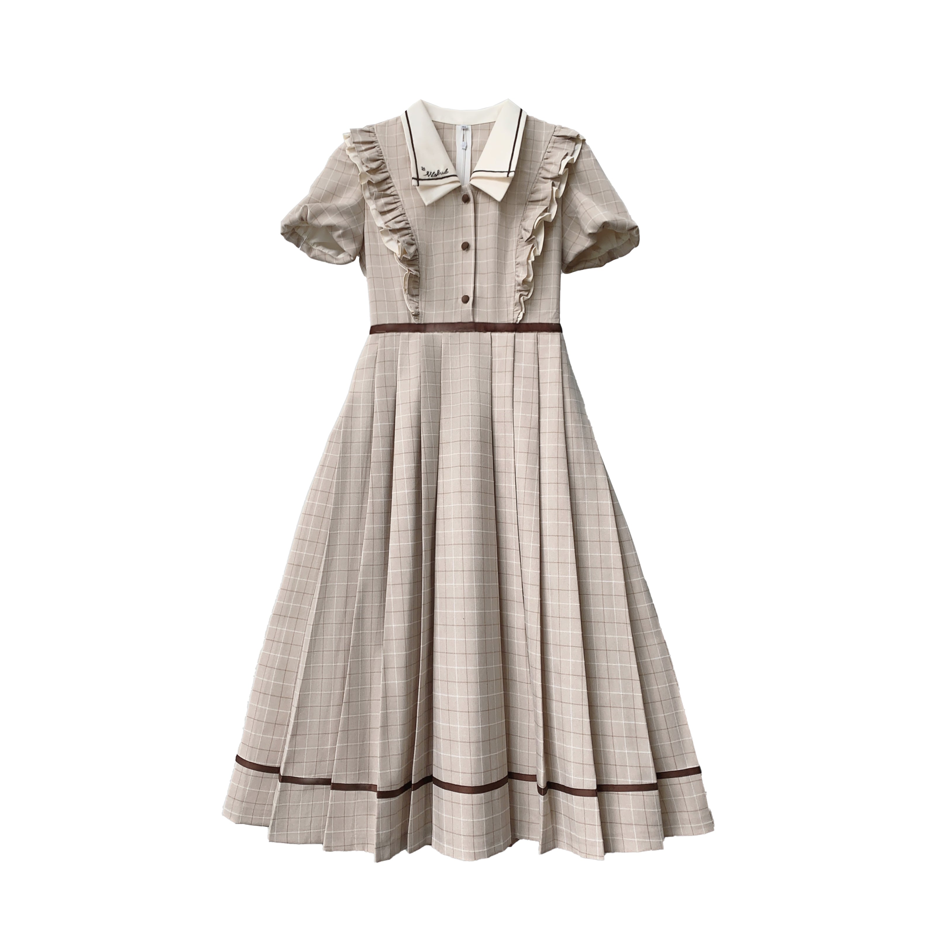 Classic Lolita Beige Brown Checked Maxi Dress with Ruffle Collar Light Lolita