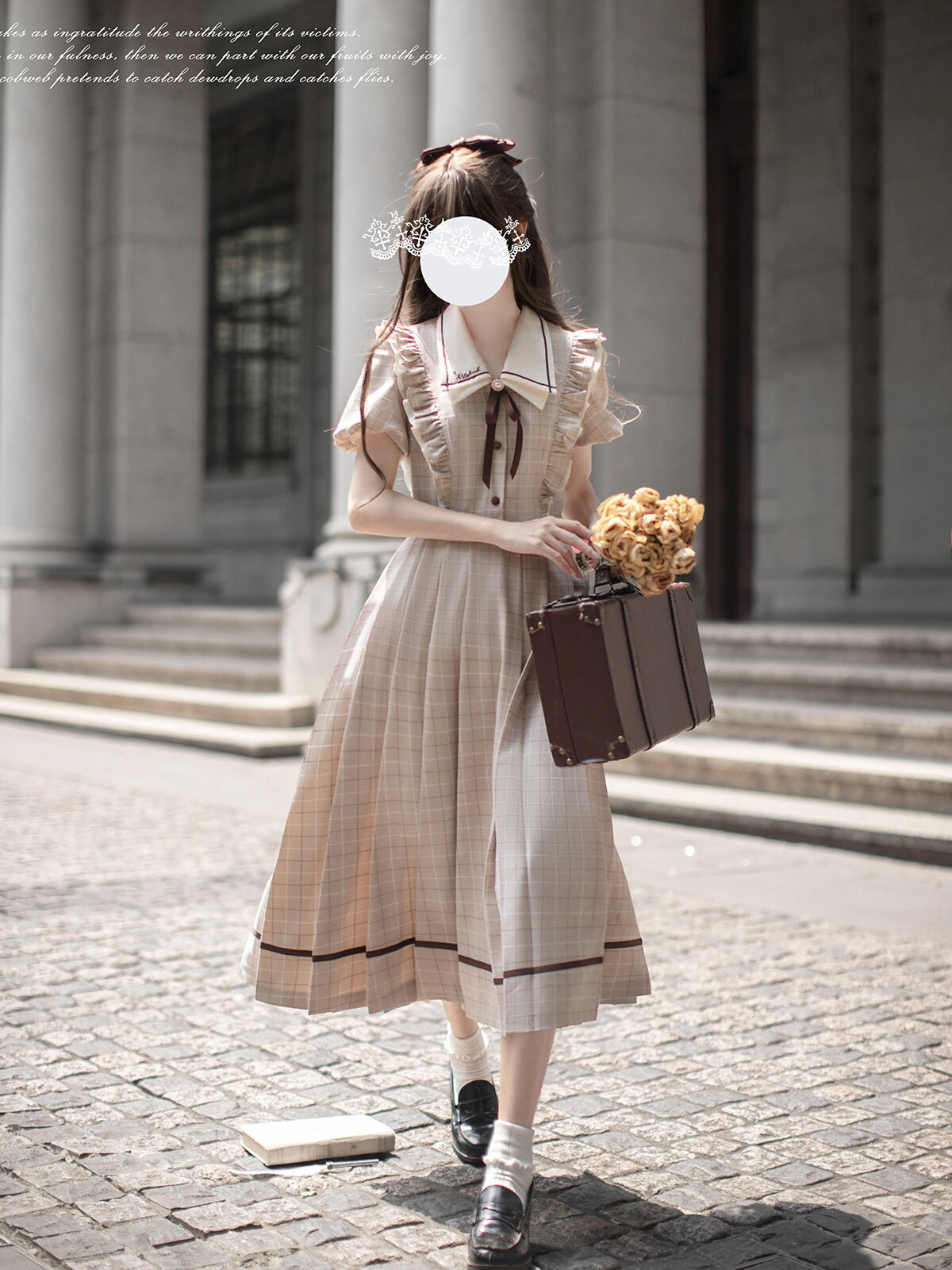 Classic Lolita Beige Brown Checked Maxi Dress with Ruffle Collar Light Lolita