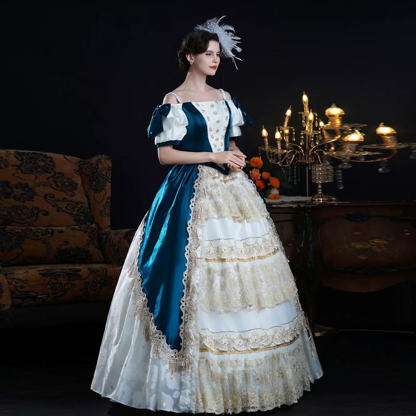 Design concept:
This Classic Lolita dress in blue and apricot features an off-shoulder design with short sleeves, layered frills, and delicate ribbon lace details. Styled with a jacket-inspired bodice, it blends princess elegance with palace and Victorian influences. Perfect for tea parties, stage performances, or formal Lolita occasions, this dress captures timeless sophistication with a romantic, regal charm.