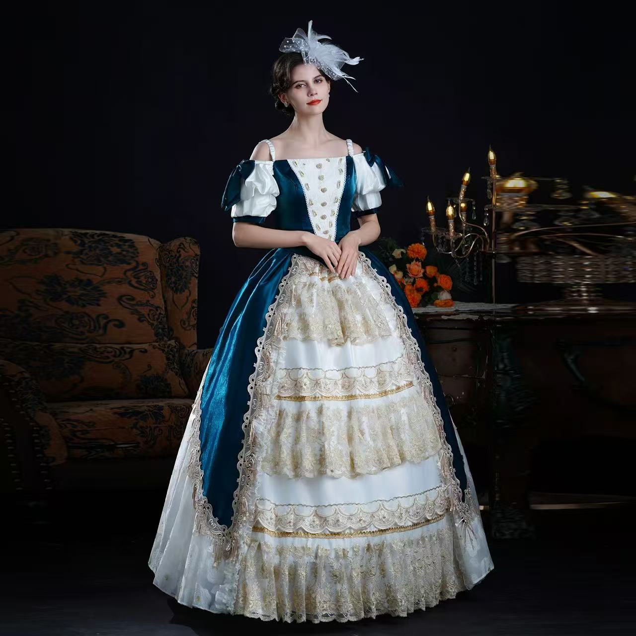 Design concept:
This Classic Lolita dress in blue and apricot features an off-shoulder design with short sleeves, layered frills, and delicate ribbon lace details. Styled with a jacket-inspired bodice, it blends princess elegance with palace and Victorian influences. Perfect for tea parties, stage performances, or formal Lolita occasions, this dress captures timeless sophistication with a romantic, regal charm.