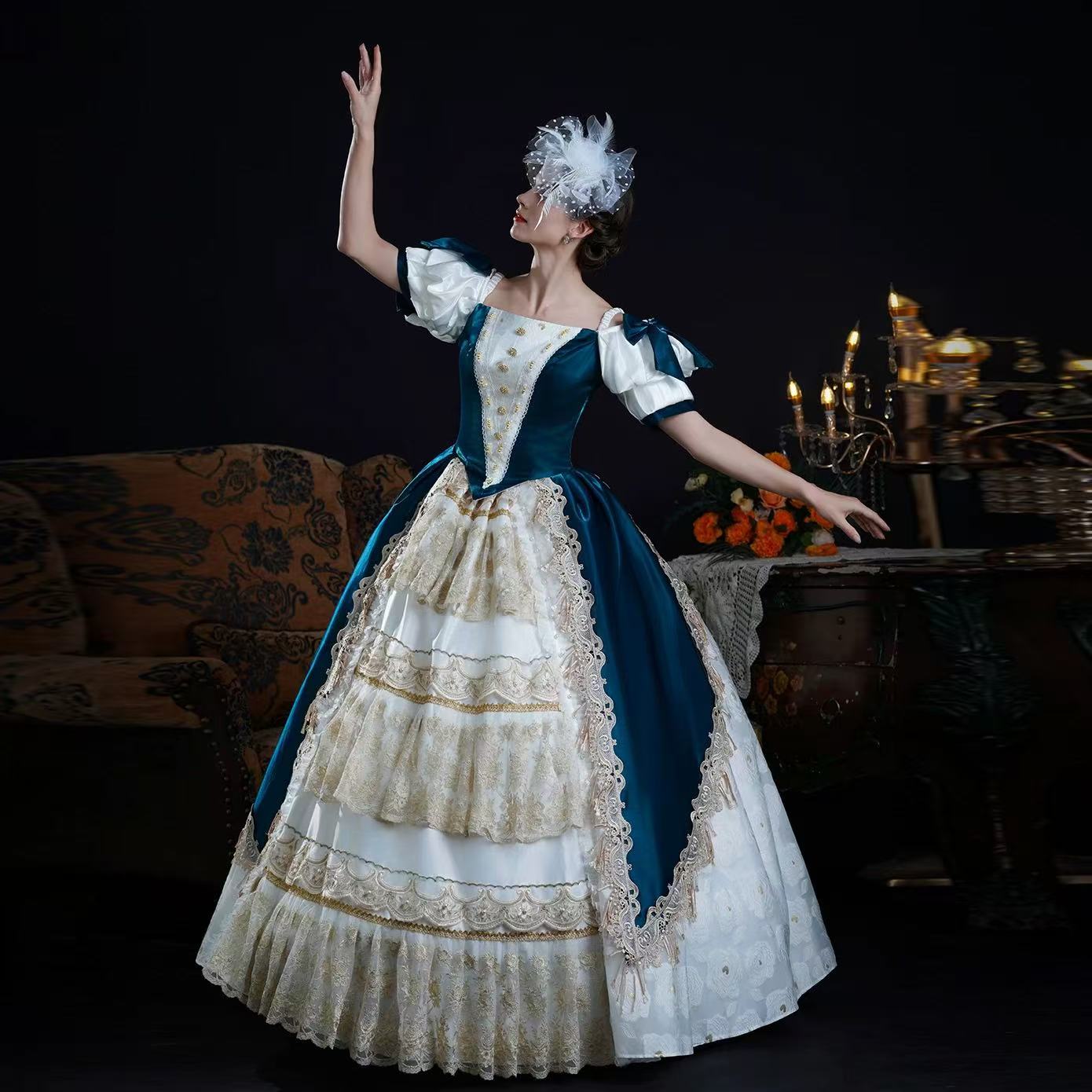 Design concept:
This Classic Lolita dress in blue and apricot features an off-shoulder design with short sleeves, layered frills, and delicate ribbon lace details. Styled with a jacket-inspired bodice, it blends princess elegance with palace and Victorian influences. Perfect for tea parties, stage performances, or formal Lolita occasions, this dress captures timeless sophistication with a romantic, regal charm.