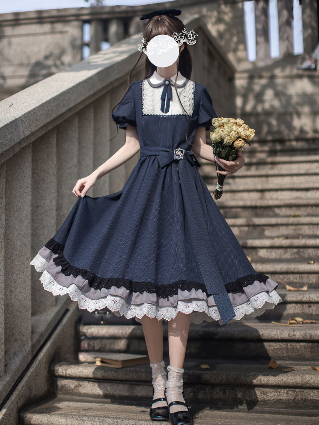 Classic Lolita Retro Navy Blue Literary Lady Spring and Summer School Dress