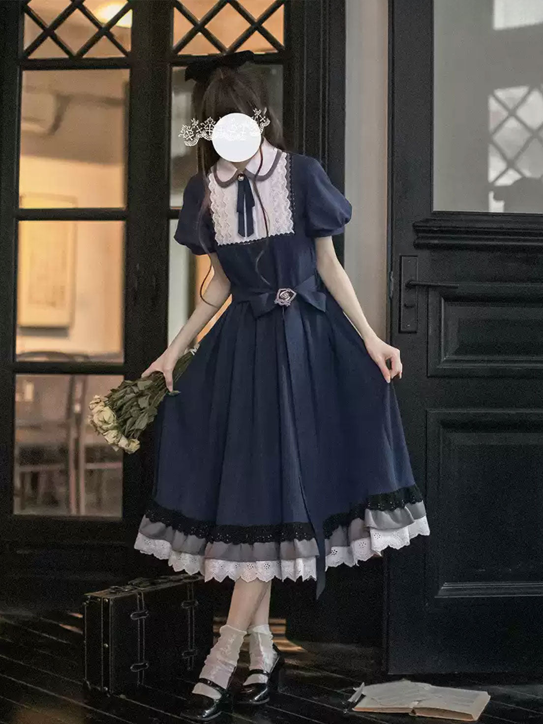 Classic Lolita Retro Navy Blue Literary Lady Spring and Summer School Dress