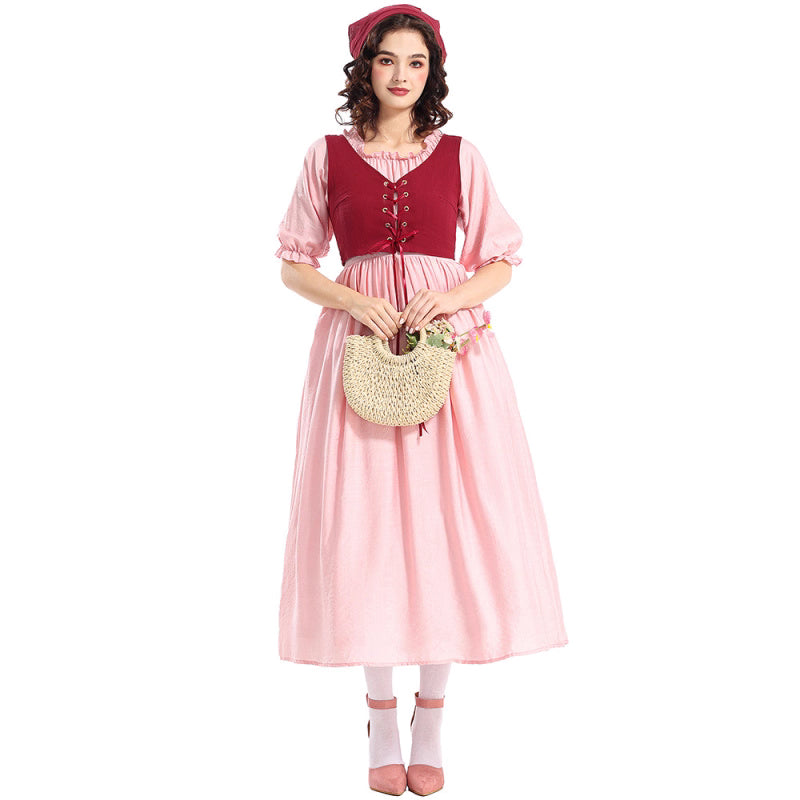 Design Concept:
This pink Classic Lolita dress features a retro corset-style waist with a faux two-piece design, blending elegance with playful vintage charm. The soft pink hue and long skirt silhouette highlight a refined feminine aesthetic, while the apron-inspired overlay adds a nostalgic countryside touch. Paired with matching accessories, the outfit is perfect for summer daily wear, stage performances, or Oktoberfest celebrations, bringing both comfort and timeless Lolita style.