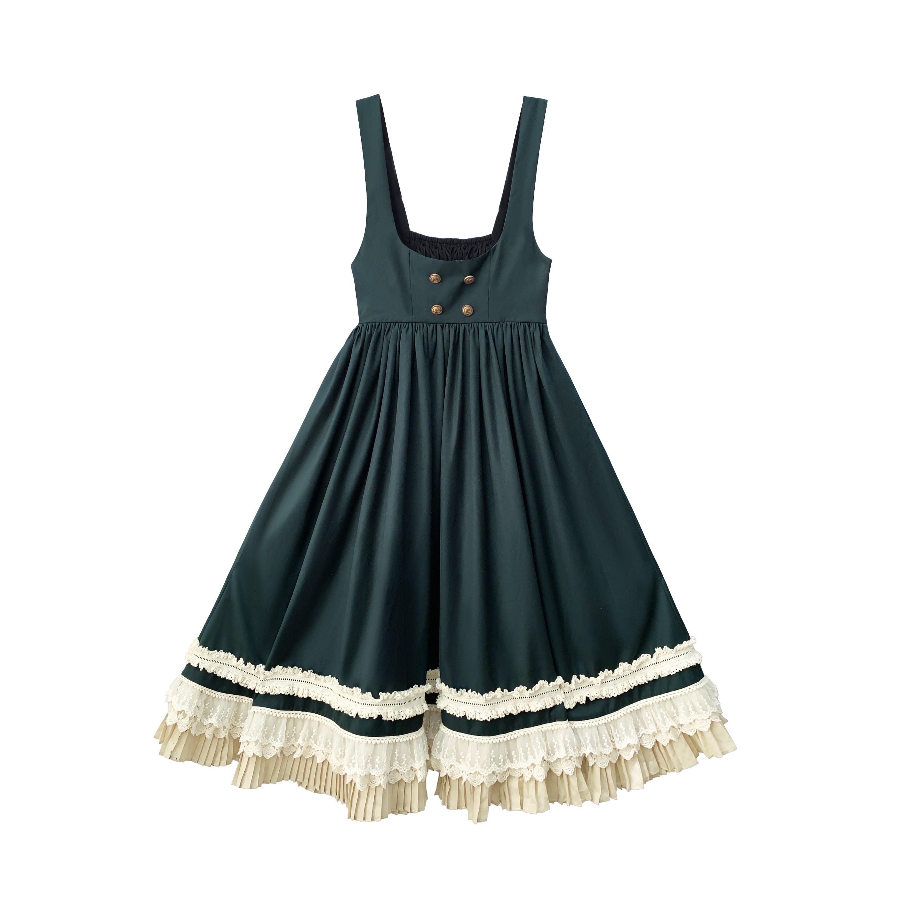 Classic Lolita Gold Buttoned Dark Green School Dress College Style Summer Courtyard Light Lolita