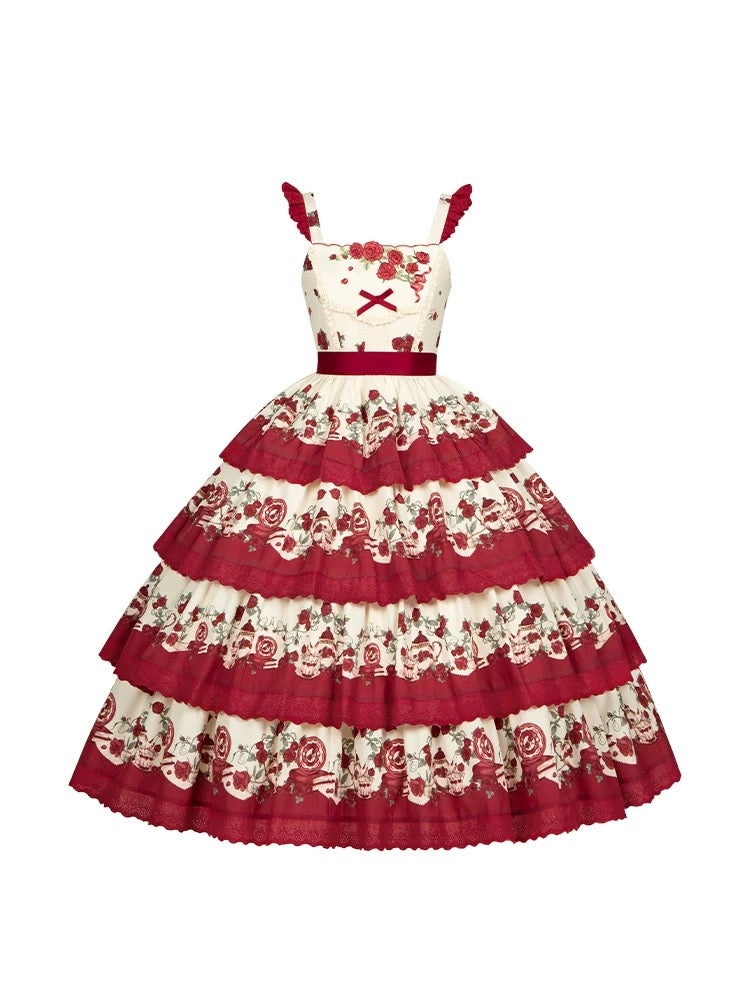 Design Concept: 
This Classic Lolita JSK dress features a pastoral print with delicate embroidery, designed in a tiered silhouette for a graceful layered effect. Available in both red and blue, it brings a charming countryside elegance with a timeless Lolita touch. The set includes the JSK and a matching belt, allowing for a refined fit and added styling versatility.