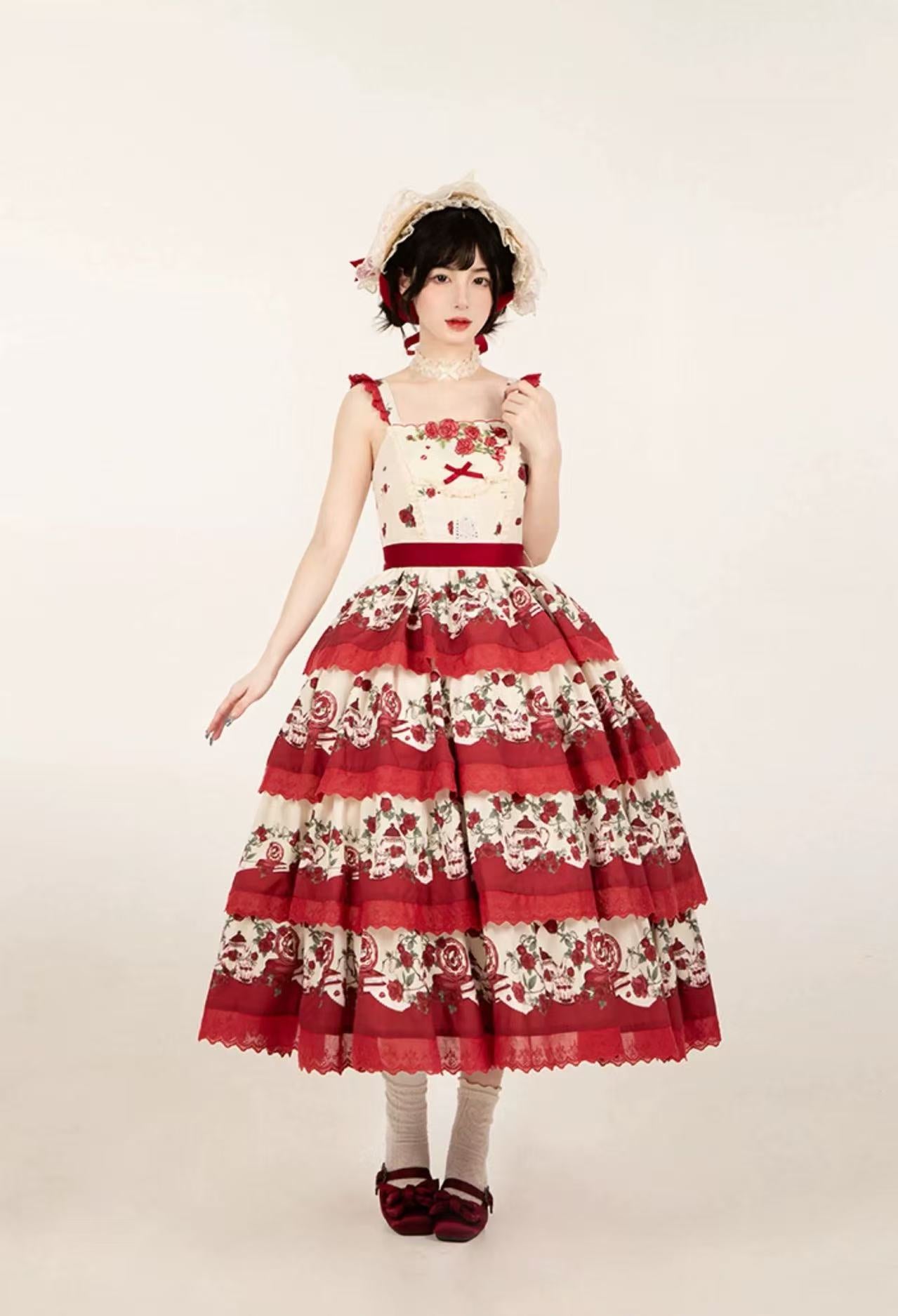 Design Concept: 
This Classic Lolita JSK dress features a pastoral print with delicate embroidery, designed in a tiered silhouette for a graceful layered effect. Available in both red and blue, it brings a charming countryside elegance with a timeless Lolita touch. The set includes the JSK and a matching belt, allowing for a refined fit and added styling versatility.