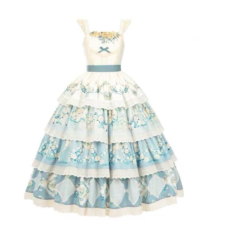 Design Concept: 
This Classic Lolita JSK dress features a pastoral print with delicate embroidery, designed in a tiered silhouette for a graceful layered effect. Available in both red and blue, it brings a charming countryside elegance with a timeless Lolita touch. The set includes the JSK and a matching belt, allowing for a refined fit and added styling versatility.