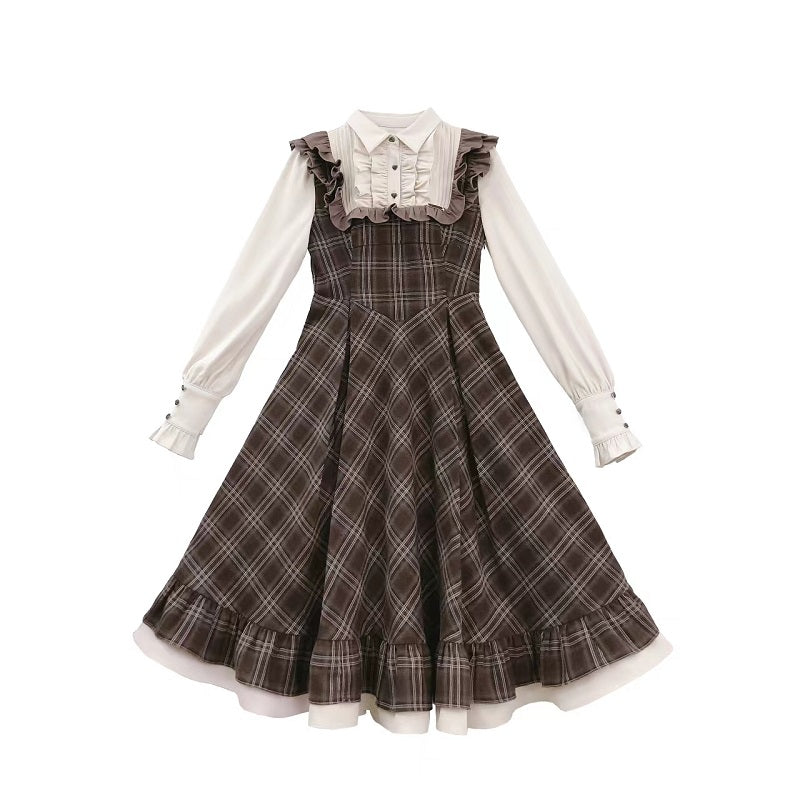 Classic Lolita Ruffle Hemmed Brown Plaid Dress Set Retro Waist Long School Dress Light Lolita