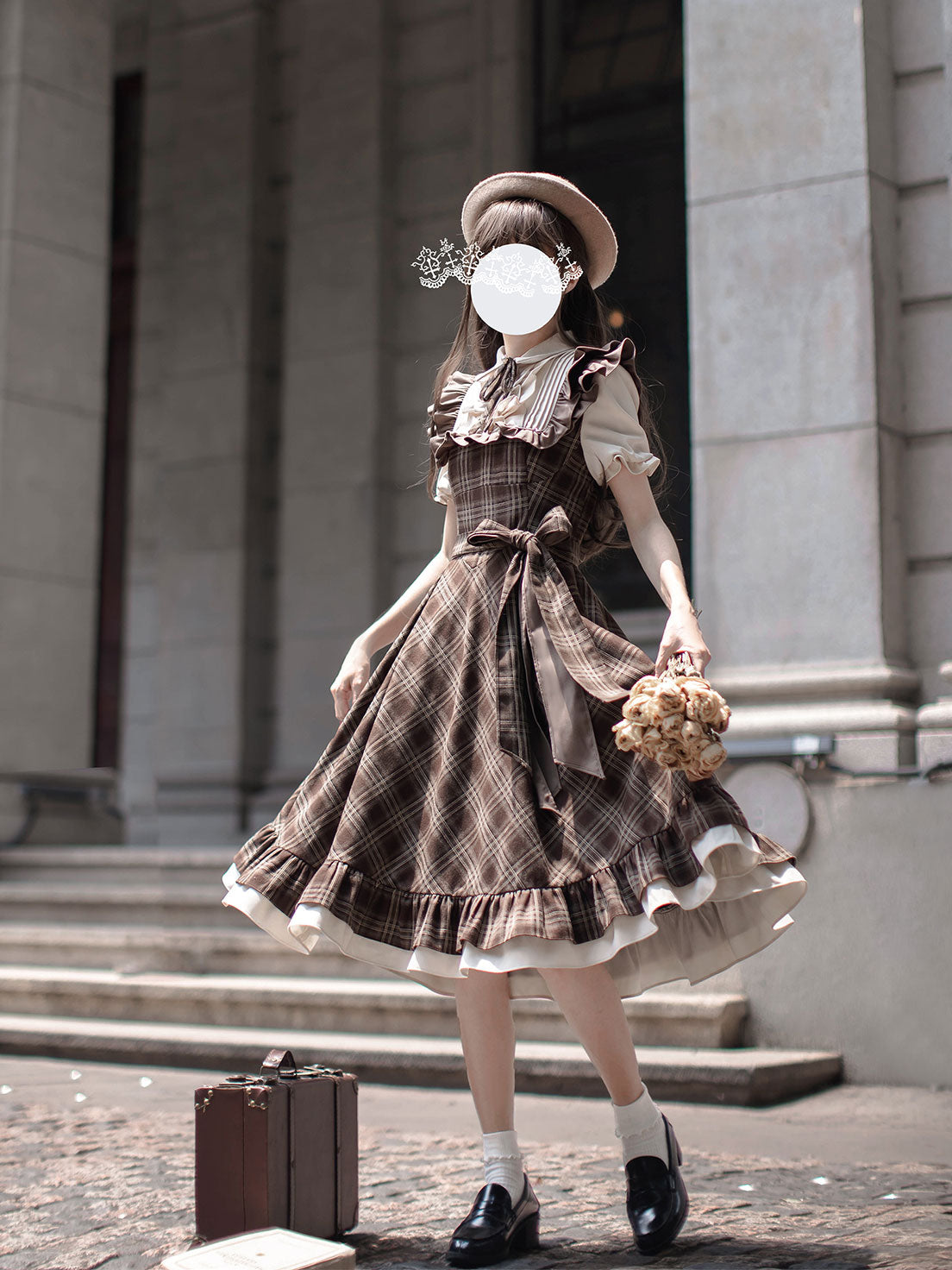 Classic Lolita Ruffle Hemmed Brown Plaid Dress Set Retro Waist Long School Dress Light Lolita