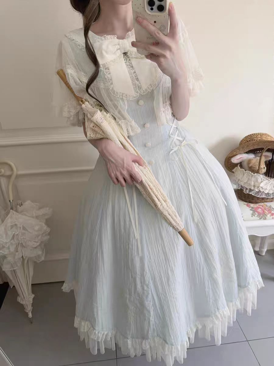 Classic Lolita Style Light Blue Long School Dress with A Ruffled Sleeve Summer Light Lolita