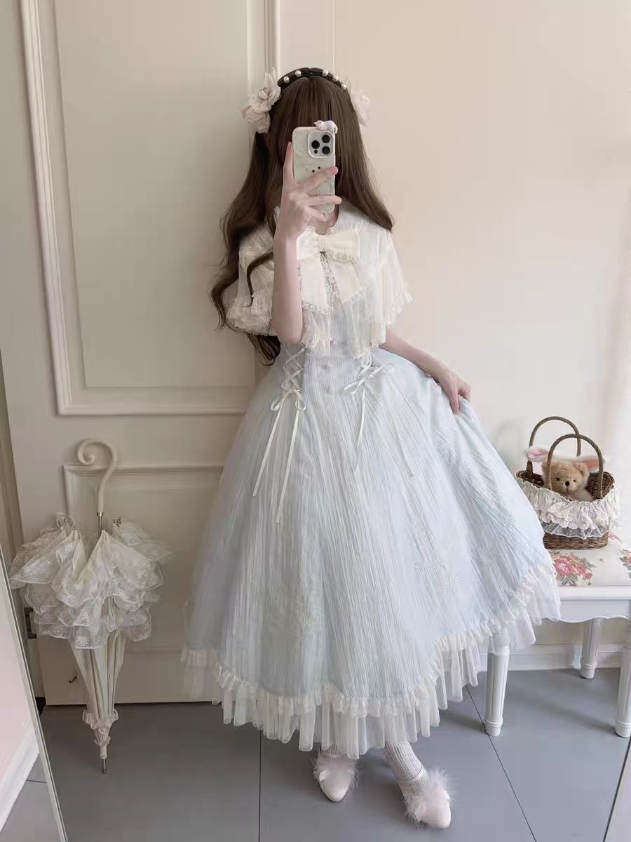 Classic Lolita Style Light Blue Long School Dress with A Ruffled Sleeve Summer Light Lolita