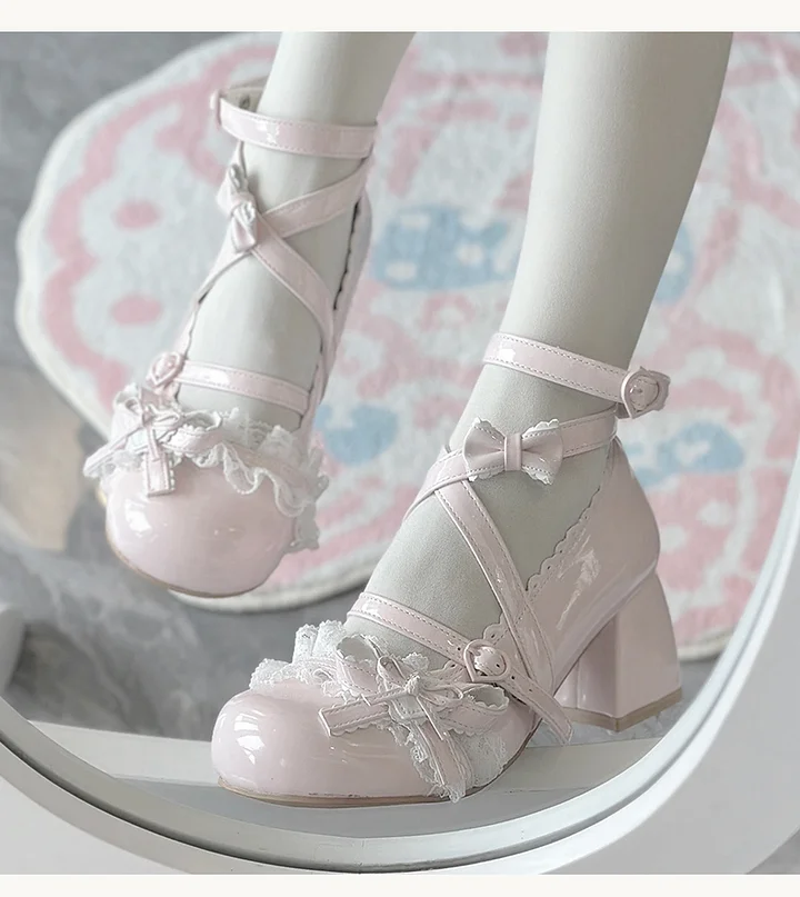 Lolita Shoes Classic Sweet Cute Block Mid-heel Bow Strap Lace Mary Jane