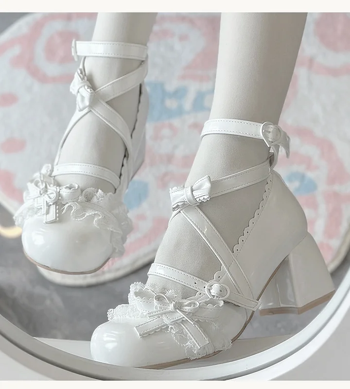 Lolita Shoes Classic Sweet Cute Block Mid-heel Bow Strap Lace Mary Jane