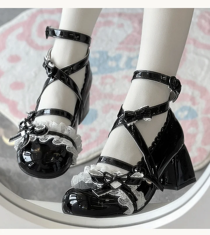 Lolita Shoes Classic Sweet Cute Block Mid-heel Bow Strap Lace Mary Jane