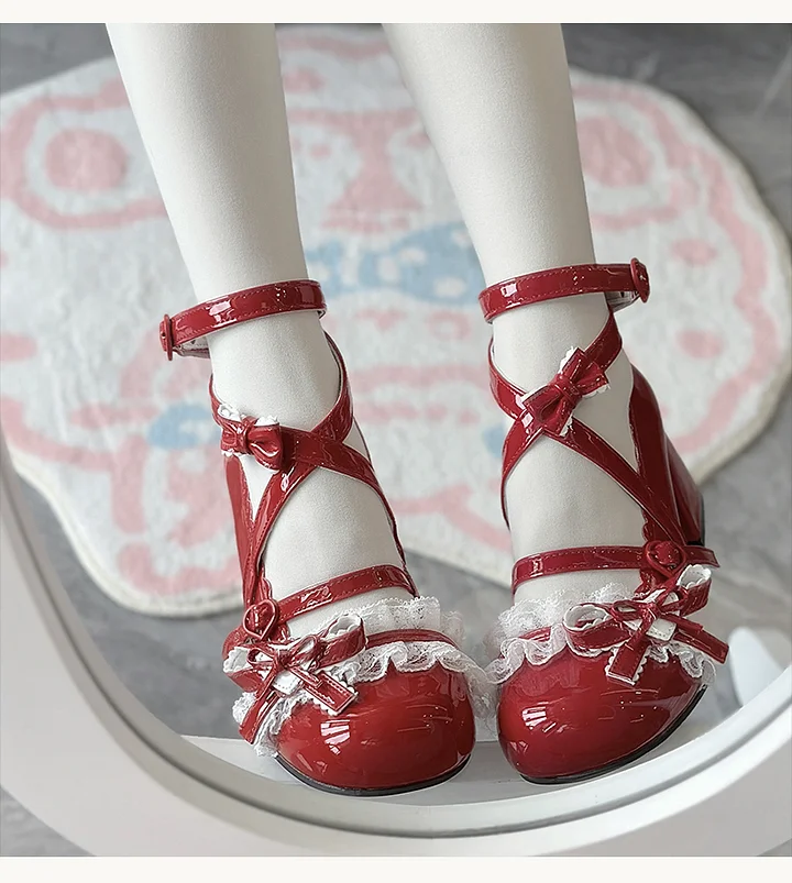 Lolita Shoes Classic Sweet Cute Block Mid-heel Bow Strap Lace Mary Jane