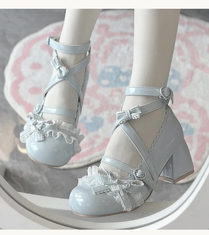 Lolita Shoes Classic Sweet Cute Block Mid-heel Bow Strap Lace Mary Jane