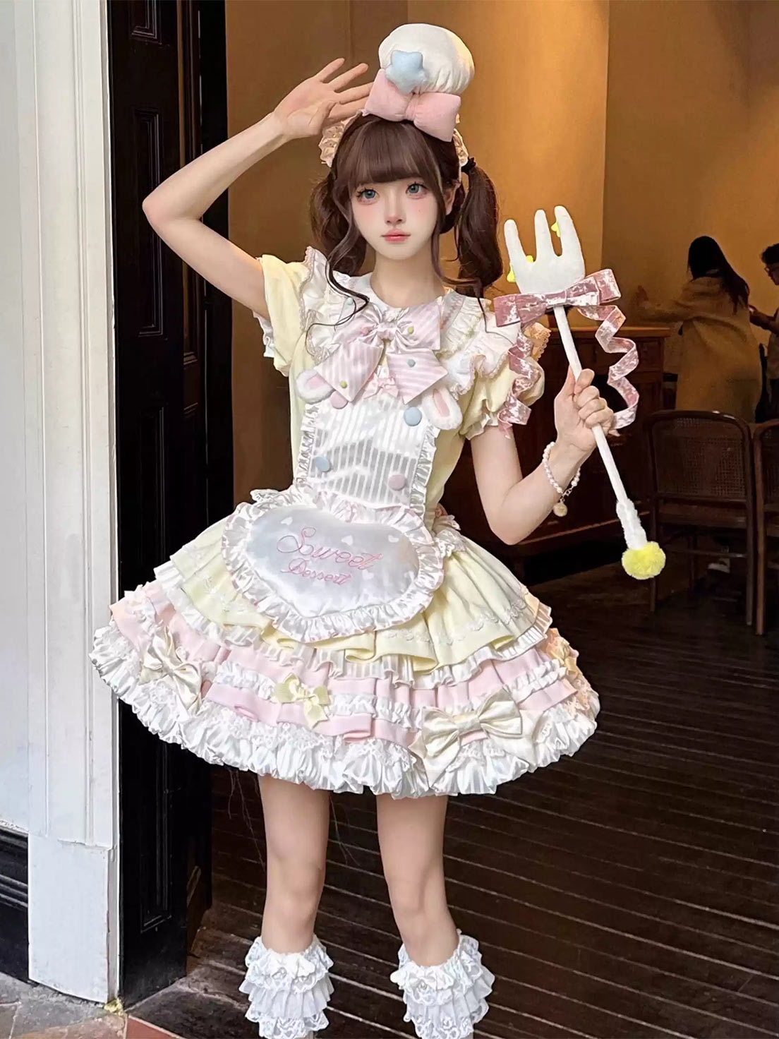 Cute Sweet Lolita Multi Layer Yellow Cream Ruffled and Bow Decorated Dress