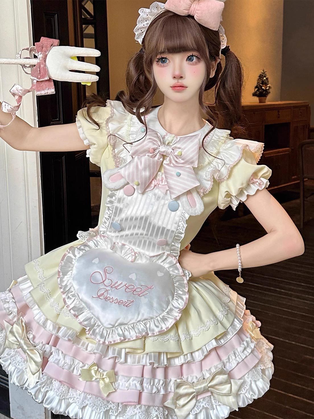 Cute Sweet Lolita Multi Layer Yellow Cream Ruffled and Bow Decorated Dress