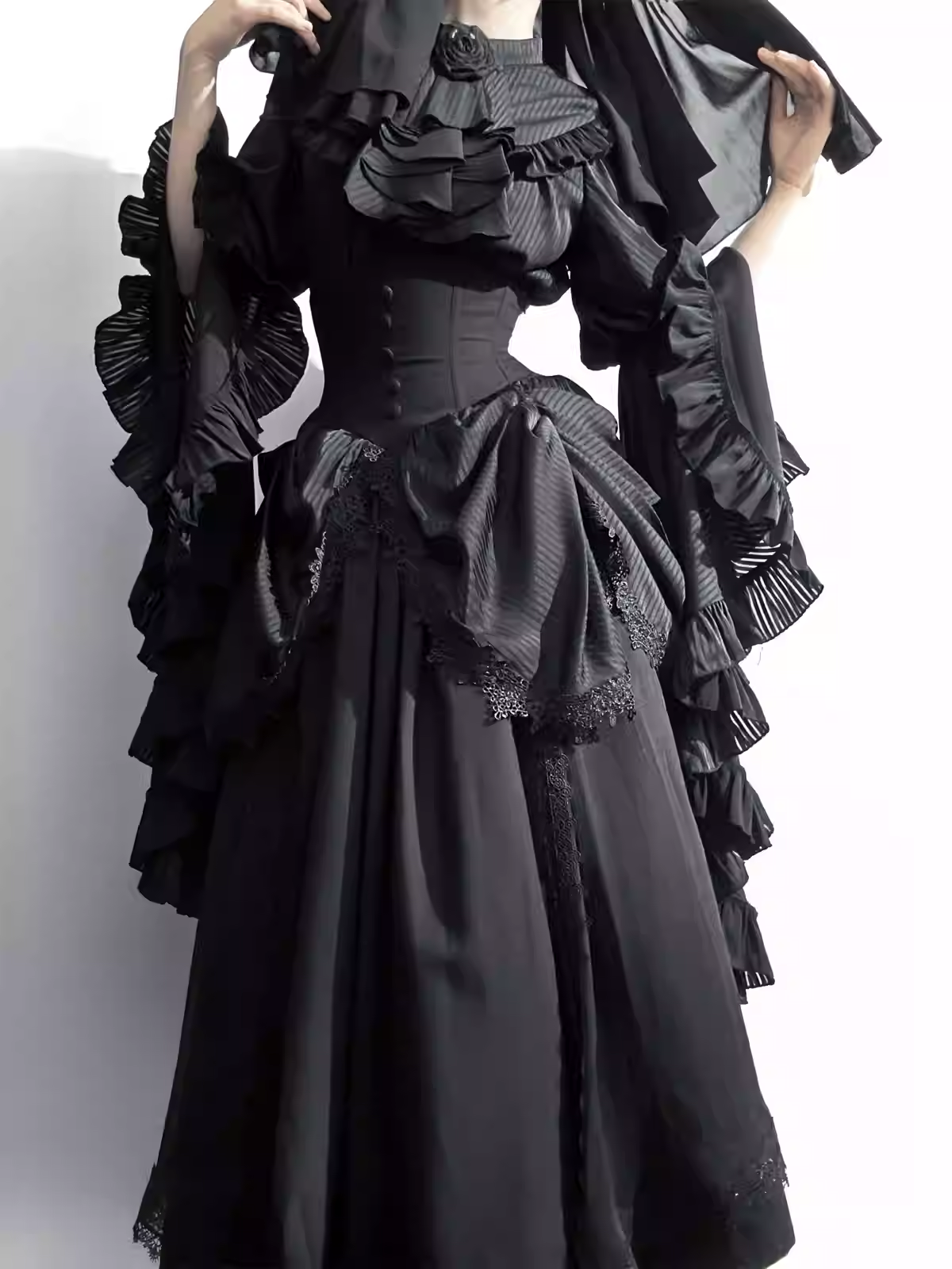 Dark Gothic Lolita Outfit Ruffles Long Skirt Shirt Court Style Witch Costume Halloween