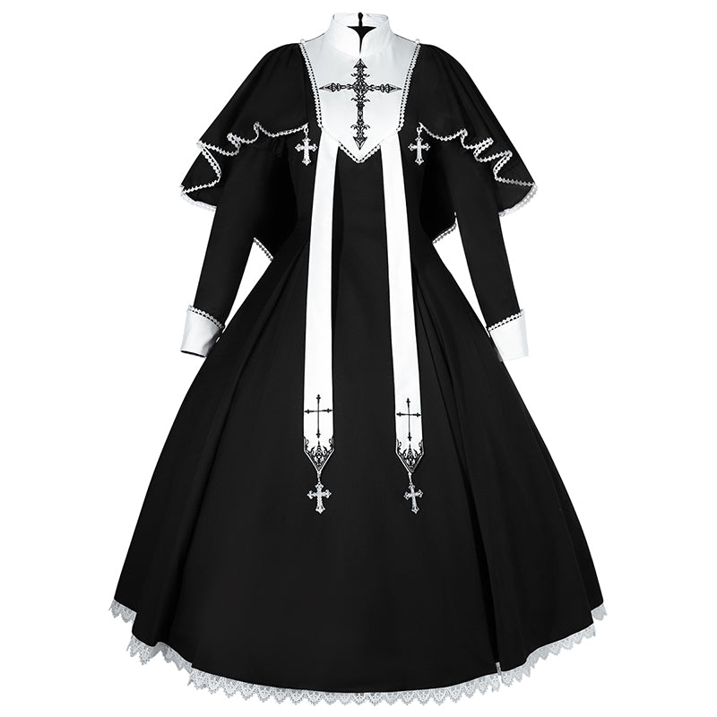 Goth Lolita Black Cross Pattern Maxi Dress Goth Prom Dress