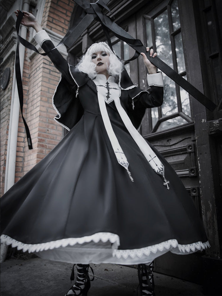 Goth Lolita Black Cross Pattern Maxi Dress Goth Prom Dress