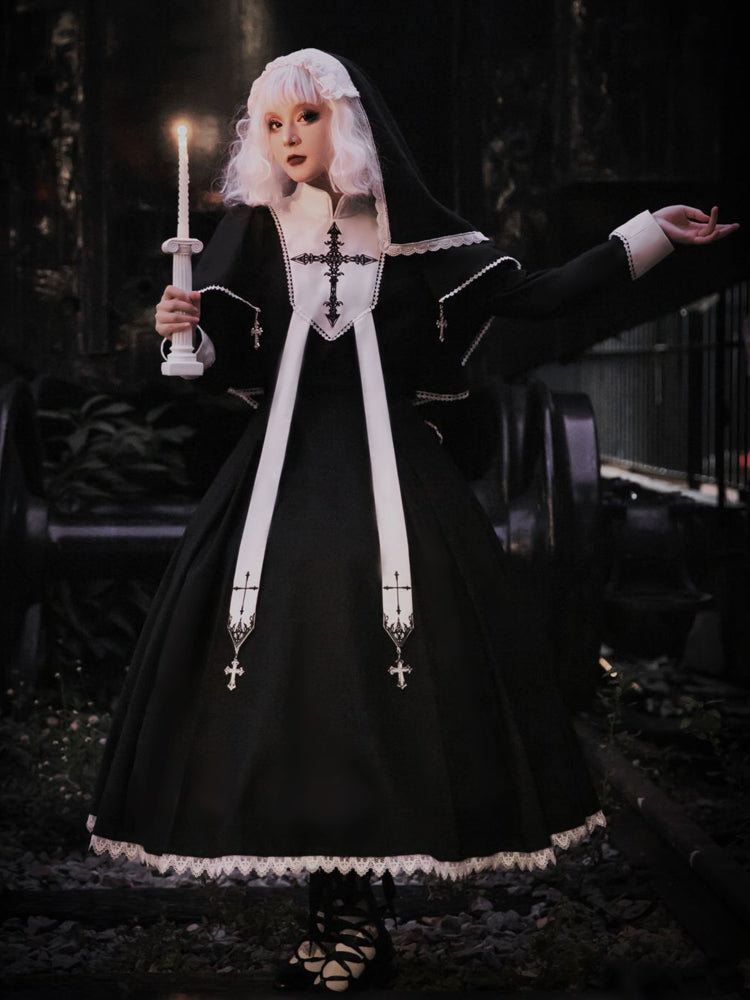 Goth Lolita Black Cross Pattern Maxi Dress Goth Prom Dress