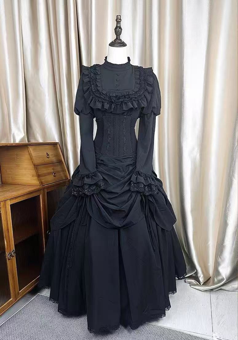 Goth Lolita Black Dark Witch Halloween Autumn Winter Waist-Cinched Plus Size Lolita Dress