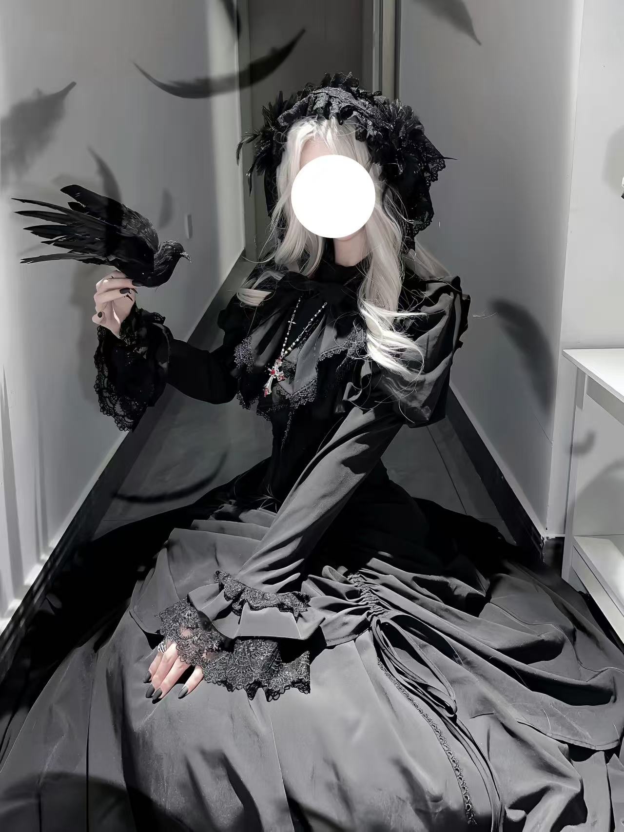 Goth Lolita Black Dark Witch Halloween Autumn Winter Waist-Cinched Plus Size Lolita Dress