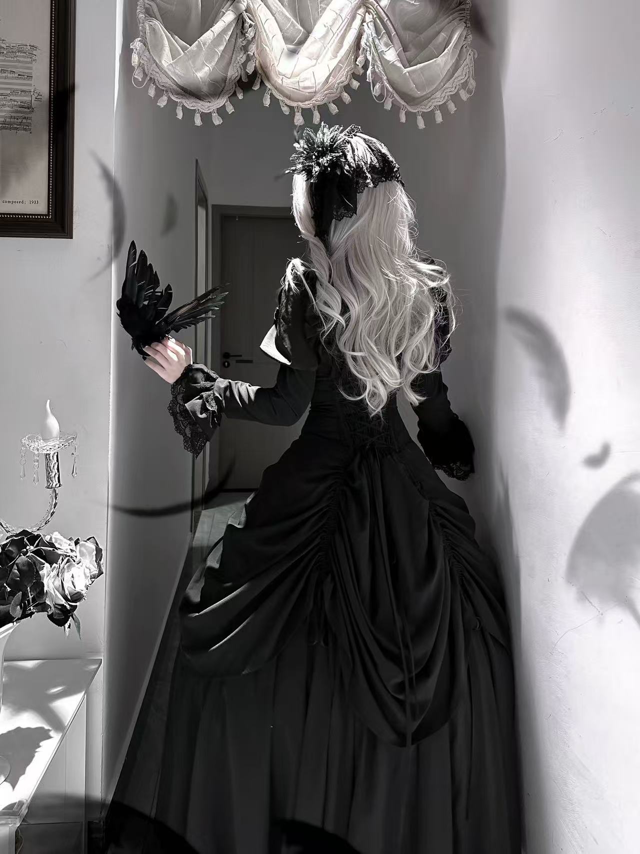 Goth Lolita Black Dark Witch Halloween Autumn Winter Waist-Cinched Plus Size Lolita Dress