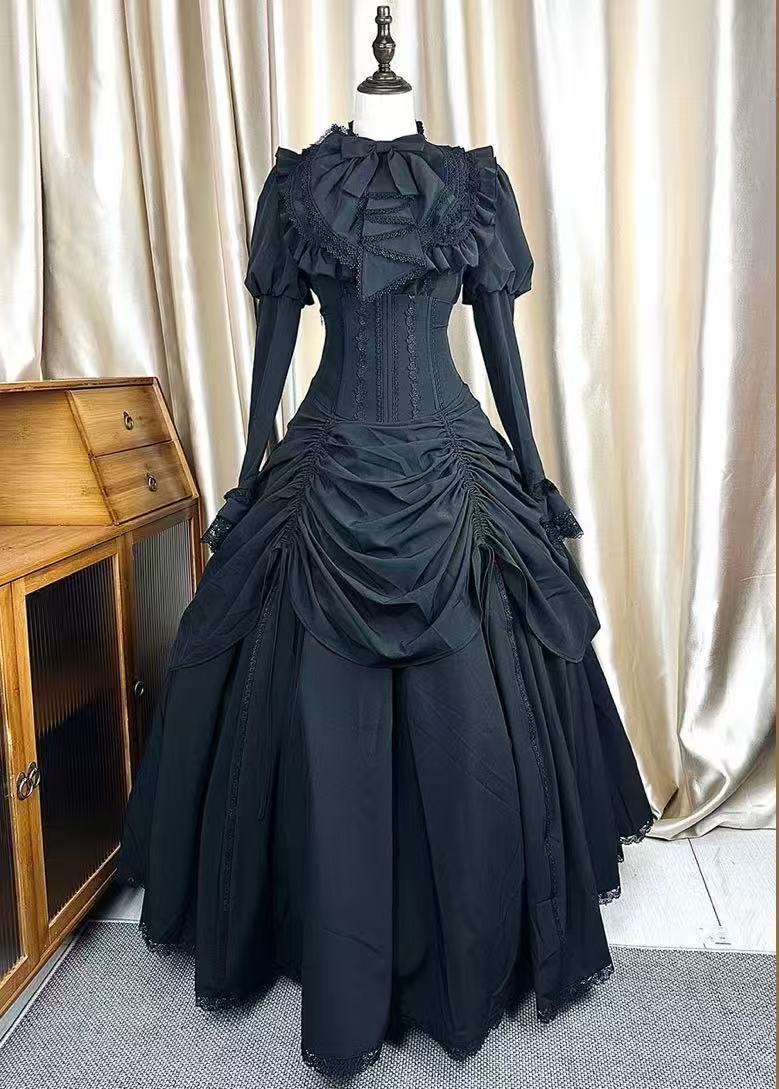 Goth Lolita Black Dark Witch Halloween Autumn Winter Waist-Cinched Plus Size Lolita Dress