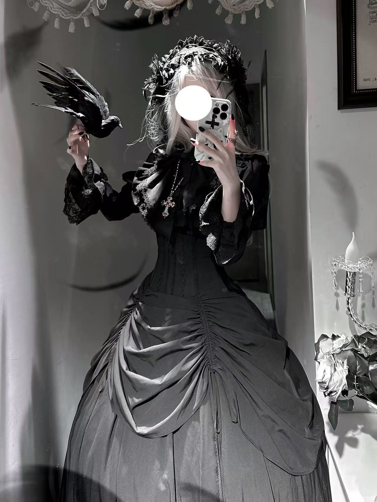 Goth Lolita Black Dark Witch Halloween Autumn Winter Waist-Cinched Plus Size Lolita Dress